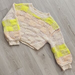 Miss Love Chunky Knit Bright Yellow & Cream Balloon Sleeve Cropped Sweater